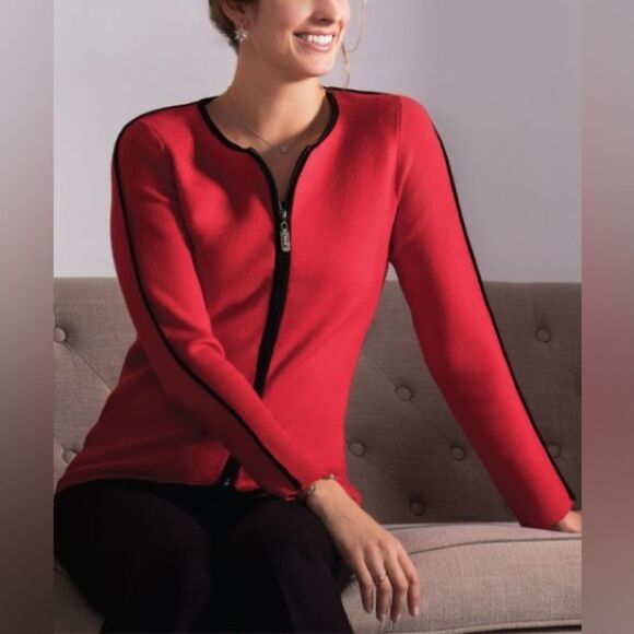 Alison Sheri Red & Black Contrast Detail Full Zip-Up Women's Cardigan (Size M) - Picture 2 of 12